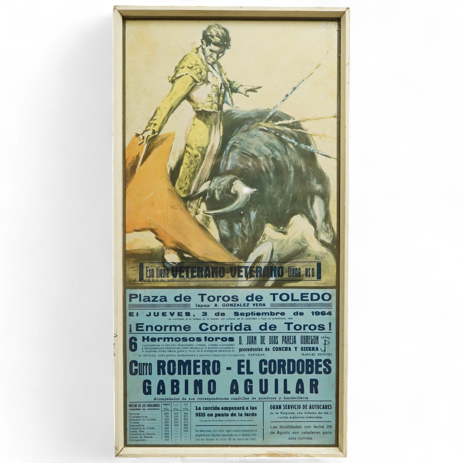 Plaza de Toros de Toledo, bull fighting framed poster, 44cm high